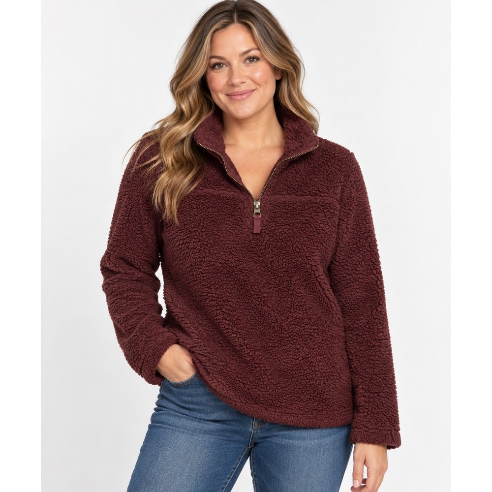 Dylan by True Grit Womens Burgundy Faux Fur Fleece Quarter Zip Pullover Medium